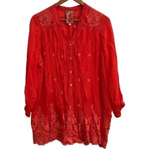 Johnny Was Iconic Embroidered Boho Tunic Top Red Floral Embroidered Large